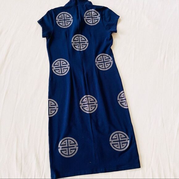 Womens Dress Short Shortsleeve High Neck Navy Asian Sparkly Party Fashion Small - Picture 4 of 4